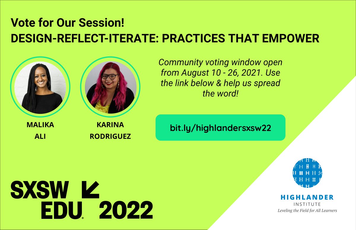 Can we count on your vote? Help send <a href="/Malika_Ali/">Malika Ali</a> &amp; <a href="/_TalkDataToMe/">Karina Rodriguez</a> from the @HighlanderInst team to #SXSWedu next year! Spread the word &amp; upvote our idea at panelpicker.sxsw.com/vote/115610 Thank you! #FuseRI #FuseMA #edchatri