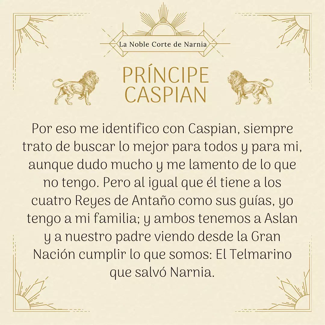 ✨TODOS TENEMOS UN NARNIANO INTERIOR✨

El siguiente texto nos lo comparte Marcelo Iván, un Narniano que se identifica con El Príncipe Caspian❤️ muchas gracias por compartirnos un poquito de ti😊
Cuéntanos, ¿Qué es lo que más admiras de Caspian?✨