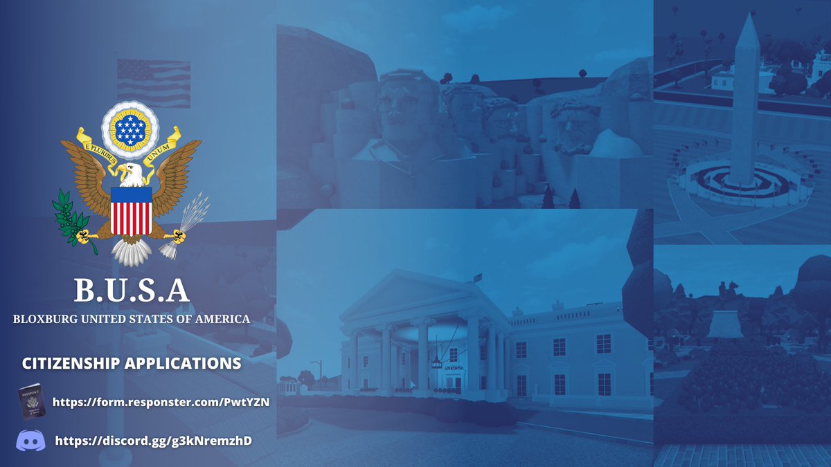OFFICIAL B.U.S.A CITIZENSHIP APPLICATIONS
"We are a nation of laws and a nation of immigrants"
- Elton Gallegly
I am honored to present the applications for citizenship.
CITIZENSHIP APPLICATION
🛃form.responster.com/PwtYZN
🇺🇸B.U.S.A PUBLIC DISCORD SERVER
discord.gg/g3kNremzhD