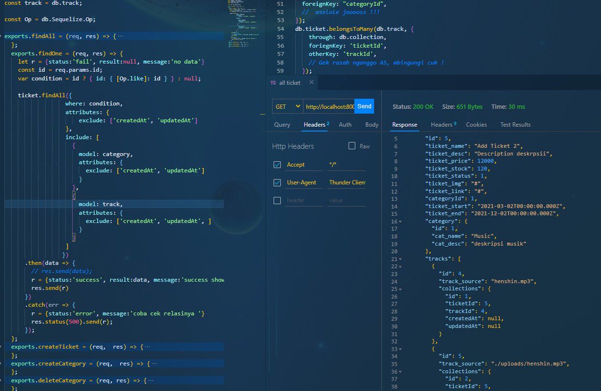 DitaMahardikaS's tweet image. Day 08/100 
here recreate API with 3 table relation, you can see it in controller and model. I need more time to understand the relation using sequelize, 

#100DaysOfCode #Nodejs #sequelize #javascript #API #Backend