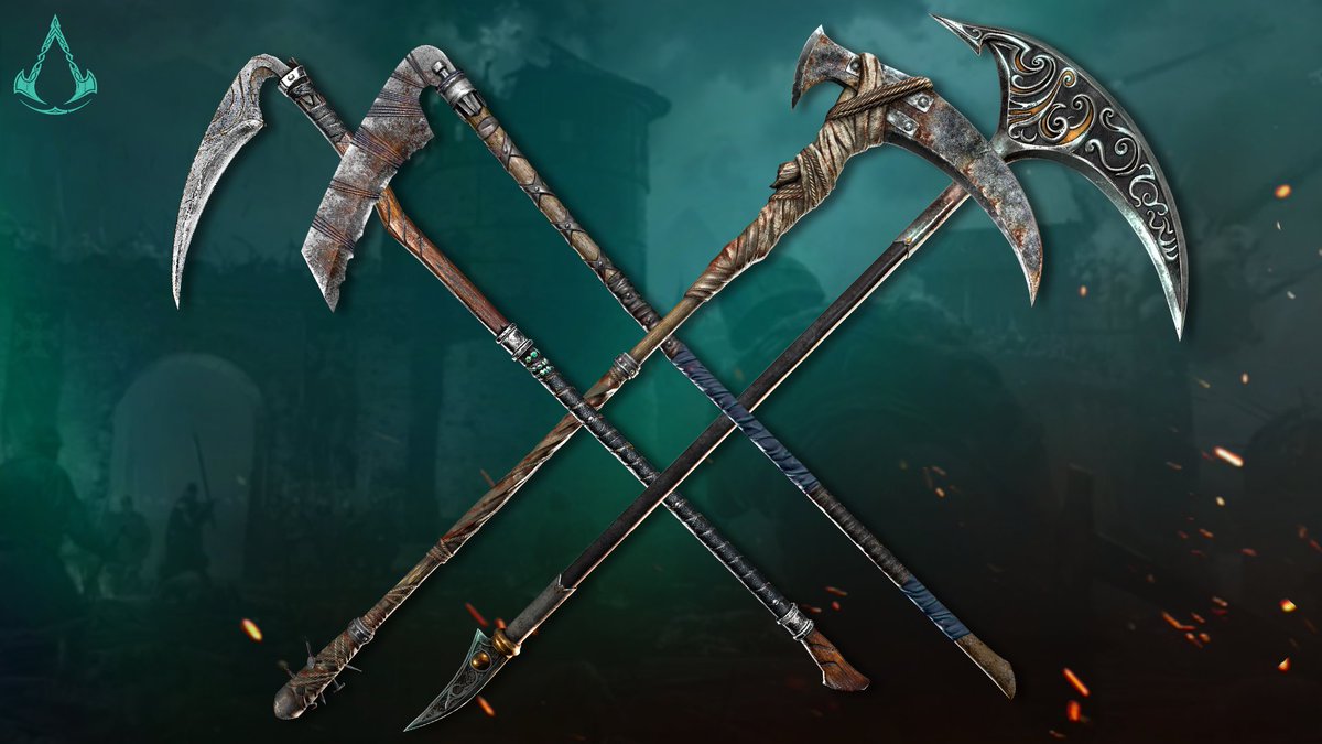 An image of four scythes forming an X pattern on a blue-green background with a faded battle scene. From left; a lean, simple blade with a long, curved wooden handle; a brutal, jagged, and wide blade with a banded and cloth-wrapped handle; a sinister blade with a hooked heel, atop a straight handle with a spiked bottom; an intricate blade with silver filigree and a metal handle, ending in a second small blade.