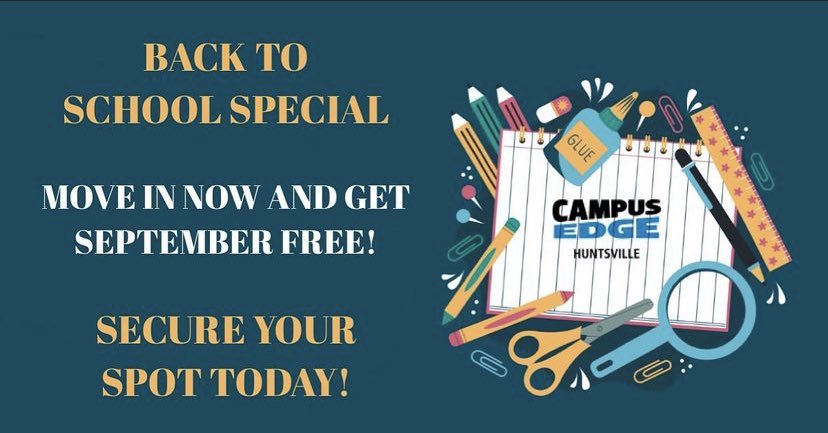 CampusEdgeHunts's tweet photo. MOVE IN NOW!!! and get the month of September FREE!!! 

Secure your spot today💙 

#SHSUWELCOMEWEEK #SHSU25 #shsu #huntsville https://t.co/iB6WuTUGpk
