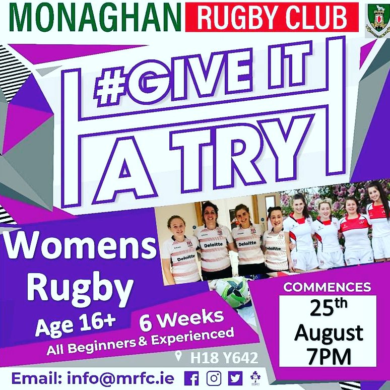 MonaghanRFC's tweet photo. The programme will run for 6 weeks, every Wednesday night from 25th August from 7pm-8pm in Monaghan Rugby Club. All experience levels welcome
To sign up please register here…
https://t.co/g5OeZ7JFXa
#giveitatry https://t.co/p9mSUg0ZVn