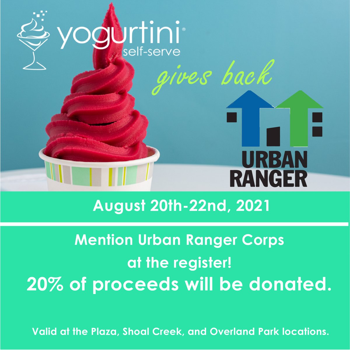The Yogurtini - Urban Ranger event starts tomorrow! Visit any of the three Yogurtini locations (Plaza, Shoal Creek or Overland Park), get you &amp; your family frozen yogurt, mention Urban Ranger Corps at the register, &amp; you'll donate a portion of your purchase to our cause.