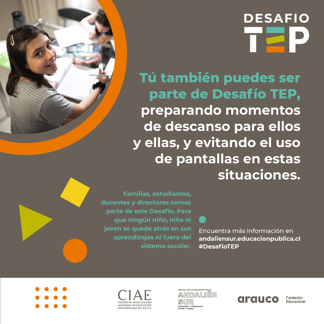 ciae_uchile's tweet photo. ¡Tomar una pausa, descansar y distraerse es muy importante para cuidar las trayectorias escolares positivas de los y las estudiantes! 👉En #DesafíoTEP creemos que enfrentar la #ExclusiónEscolar es una tarea colectiva. Conoce más en: https://t.co/4phumSnYos https://t.co/CeNLAhHmzQ