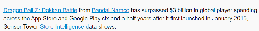 Ani (@slightlyani) on Twitter photo People say Dokkan is dying but this year has been quite record breaking. This will be a thread.
Dokkan has surpassed 3 billion dollars spent, getting 1 billion since hitting 2 billion in 2019
Thanks to <a href="/SensorTower/">Sensor Tower (formerly data.ai)</a> for tracking all of this of course. People say Dokkan is dying but this year has been quite record breaking. This will be a thread.
Dokkan has surpassed 3 billion dollars spent, getting 1 billion since hitting 2 billion in 2019
Thanks to <a href="/SensorTower/">Sensor Tower (formerly data.ai)</a> for tracking all of this of course.