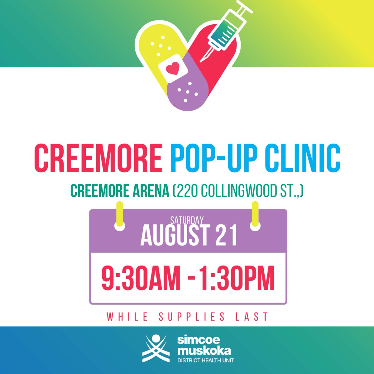 #SpreadTheWord <a href="/Clearview_twp/">Clearview Township</a> @ClearviewFire #DontWaitVaccinate #COVID19Vaccine pop-up clinic is coming to #Creemore
🗓Saturday August 21
🕝9:30 am - 1:30 pm
📍 Creemore arena, 220 Collingwood St., 
✅ 1st or 2nd dose for those born in 2009 or earlier