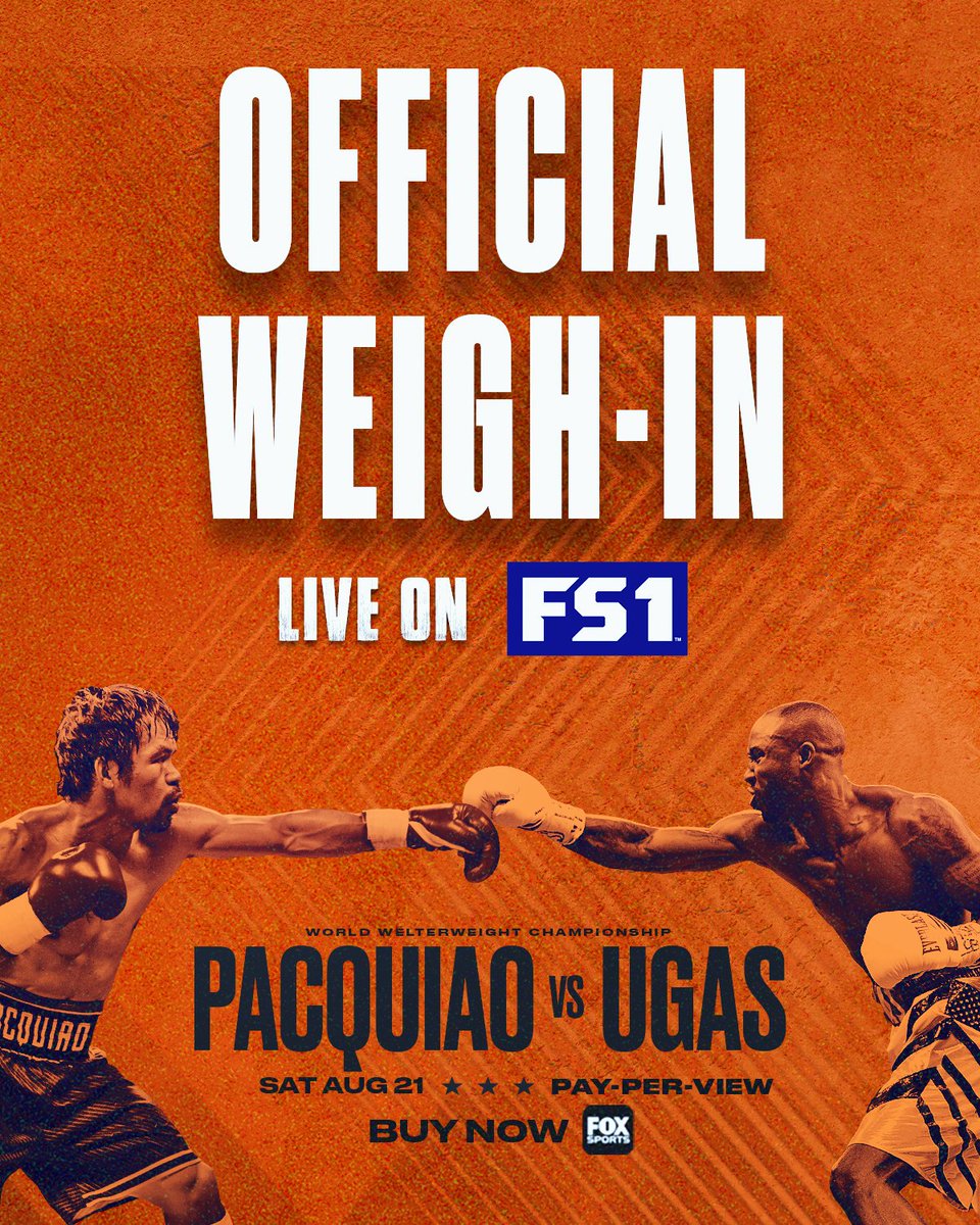 Join us TODAY for the official #PacquiaoUgas Weigh-Ins! ⤵️

Will be live on <a href="/FS1/">FS1</a> at 5 pm ET/2 pm PT! (Order PPV: foxs.pt/3j7Yv1t)