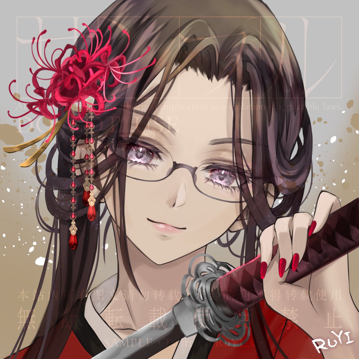 1girl weapon sword flower glasses solo holding  illustration images