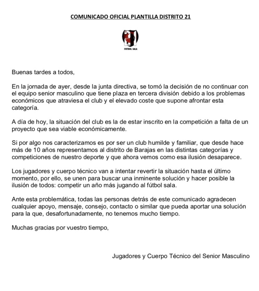 COMUNICADO OFICIAL

Situación actual del Senior Masculino de Tercera División. 

Jugadores y Cuerpo Técnico agradecen la difusión. 

¡GRACIAS!

#YosoyD21