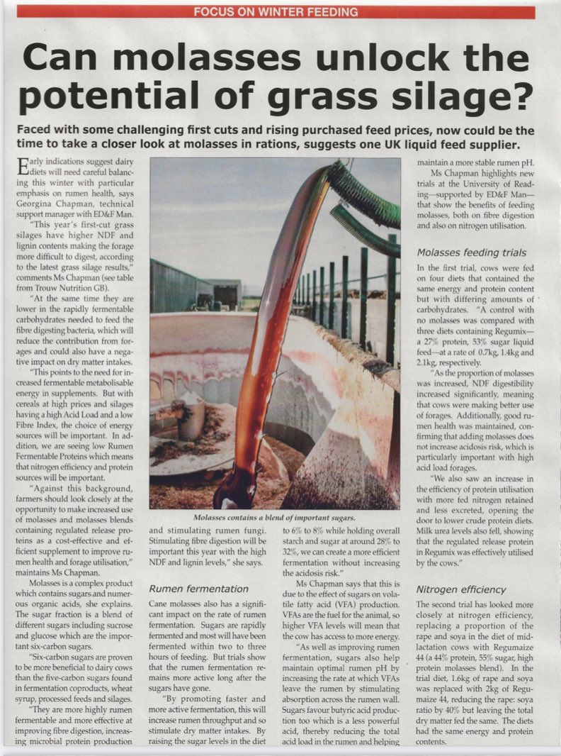EDFMan_Molasses's tweet image. Check out this month’s article in @britishdairying demonstrating how well molasses blends will fit into Winter diets based on @TrouwNutr_GB first cut analysis. 
Also NEW research from @UniofReading highlighting benefits molasses blends have on fibre digestion &amp;amp; protein efficiency