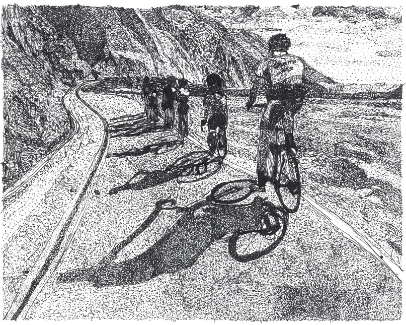 AJ Redmond is a prolific artist whose art pays homage to his home in Santa Cruz, California. He creates at The Claraty Arts project, a studio for people with disabilities. AJ prefers pen &amp; ink because it demonstrates his meticulous eye for detail. 

Artwork: Big Sur Bike Race