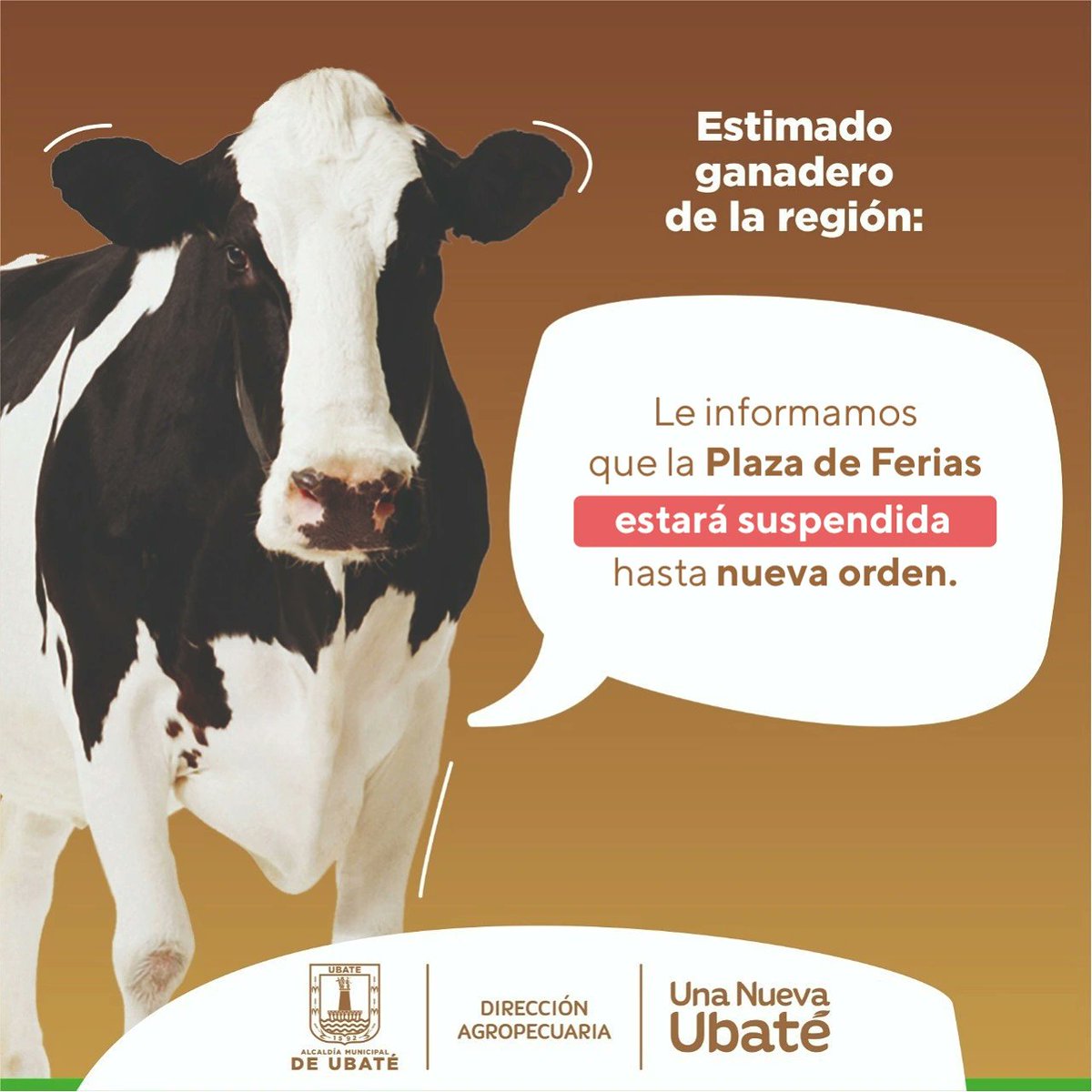 #TRadioNoticias

ESTE VIERNES NO HABRÁ FERIA GANADERA EN #UBATÉ

La alcaldía municipal informa al gremio ganadero que el ICA ha decidido suspender el funcionamiento  de la plaza de ferias del municipio de Ubaté hasta nueva orden, por el incumplimiento de la norma.