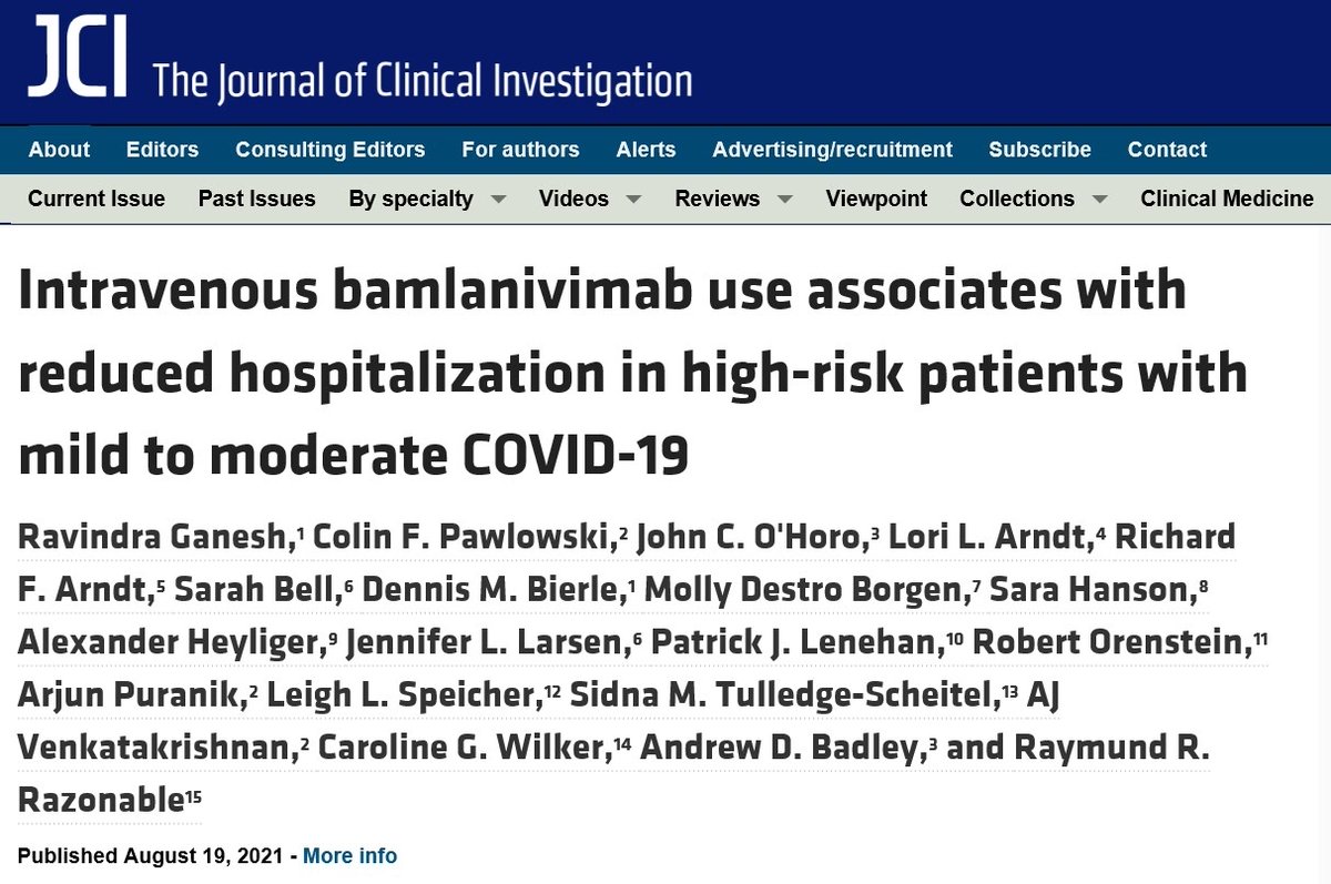 Mayo Clinic Infectious Diseases (@mayoclinicinfd) on Twitter photo Mayo Clinic data is finally out! Thanks to <a href="/jclinicalinvest/">Journal of Clinical Investigation</a> for recognizing the work!
Patients treated with bamlanivimab had lower hospitalization, ICU admission, mortality at days 14, 21, 28.
Our work on casirivimab-imdevimab will be released soon!
doi.org/10.1172/JCI151… Mayo Clinic data is finally out! Thanks to <a href="/jclinicalinvest/">Journal of Clinical Investigation</a> for recognizing the work!
Patients treated with bamlanivimab had lower hospitalization, ICU admission, mortality at days 14, 21, 28.
Our work on casirivimab-imdevimab will be released soon!
doi.org/10.1172/JCI151…