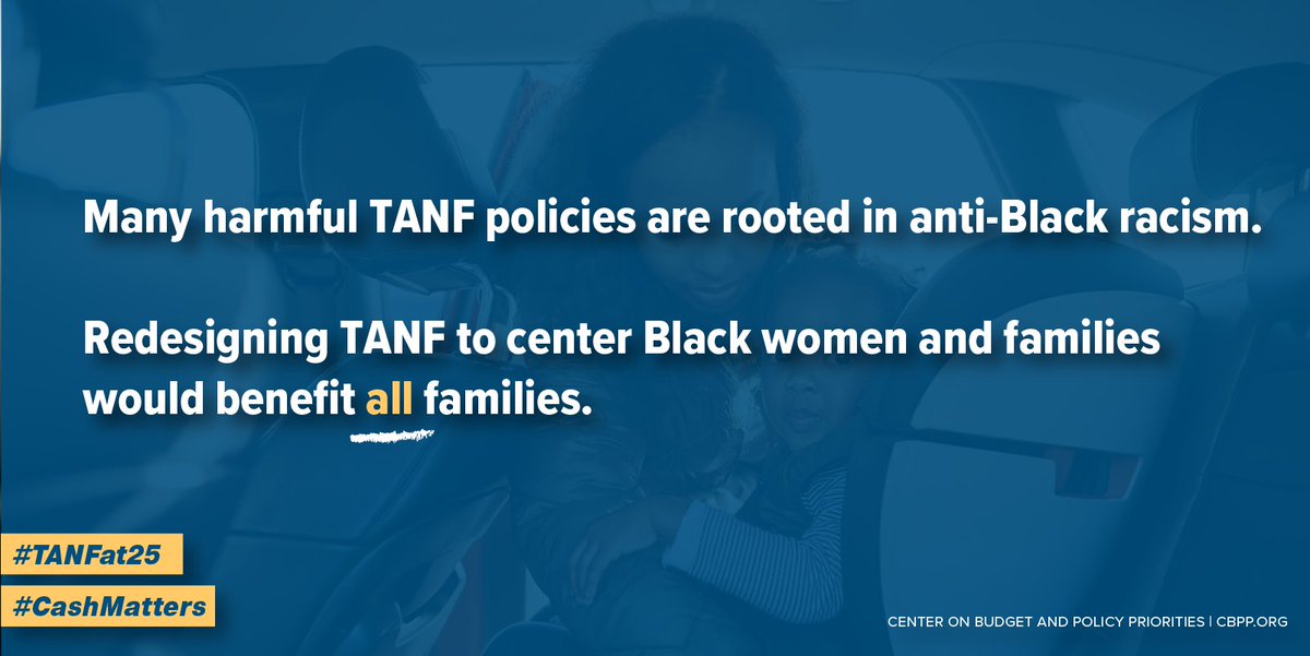 Black children are likelier to live in states with the lowest TANF benefit levels. States and Congress should address structural racism in #TANF and invest in all children’s futures by investing additional resources in cash benefits. #CashMatters #TANFat25 cbpp.org/research/famil…