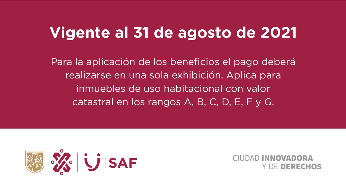 Finanzas_CDMX's tweet photo. No te atrases con tu pago de #Predial2021🏠
¡Con nuestro programa de condonación aprovecha los beneficios fiscales que puedes obtener si pagas en agosto!
Conoce más aquí👇🏽
#SAFContigo https://t.co/9tl99tidzb