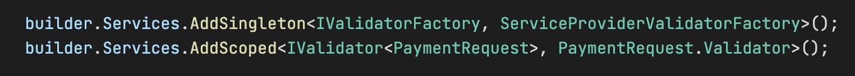 benfosterdev's tweet image. I'm not sure if this is an issue with #aspnetcore minimal APIs or #FluentValidation but I'm unable to resolve a scoped validator from the singleton validator factory.