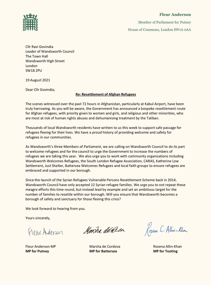 Our community has a proud history of helping the world’s most vulnerable, and now is not the time to drag our feet.

I’ve joined <a href="/PutneyFleur/">Fleur Anderson MP</a> + <a href="/MarshadeCordova/">Marsha de Cordova</a> in calling on the Council to accept Afghan refugees.

It’s time to open our hearts and our homes, retweet if you agree.