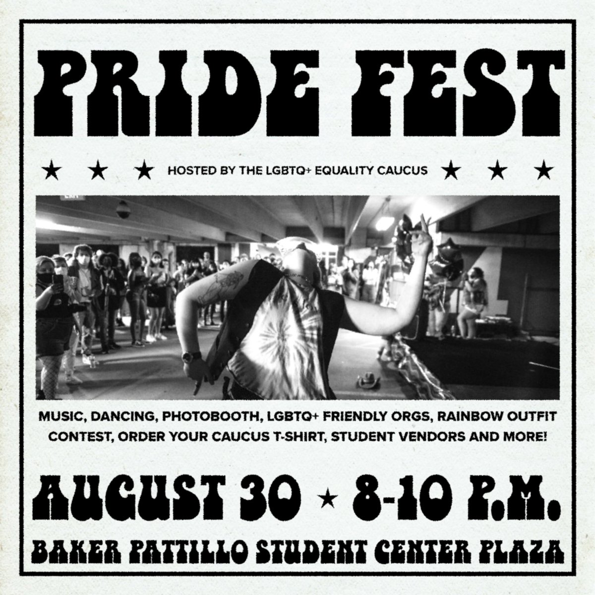 Add Pride to your Weeks of Welcome “must go” list! Students are welcome to celebrate the LGBTQ+ community from 8-10 p.m. Monday, Aug. 30 in the Baker Pattillo Student Center Plaza! 
Wear your best Pride outfits, meet student vendors and LGBTQ+ friendly orgs, dance and have fun!