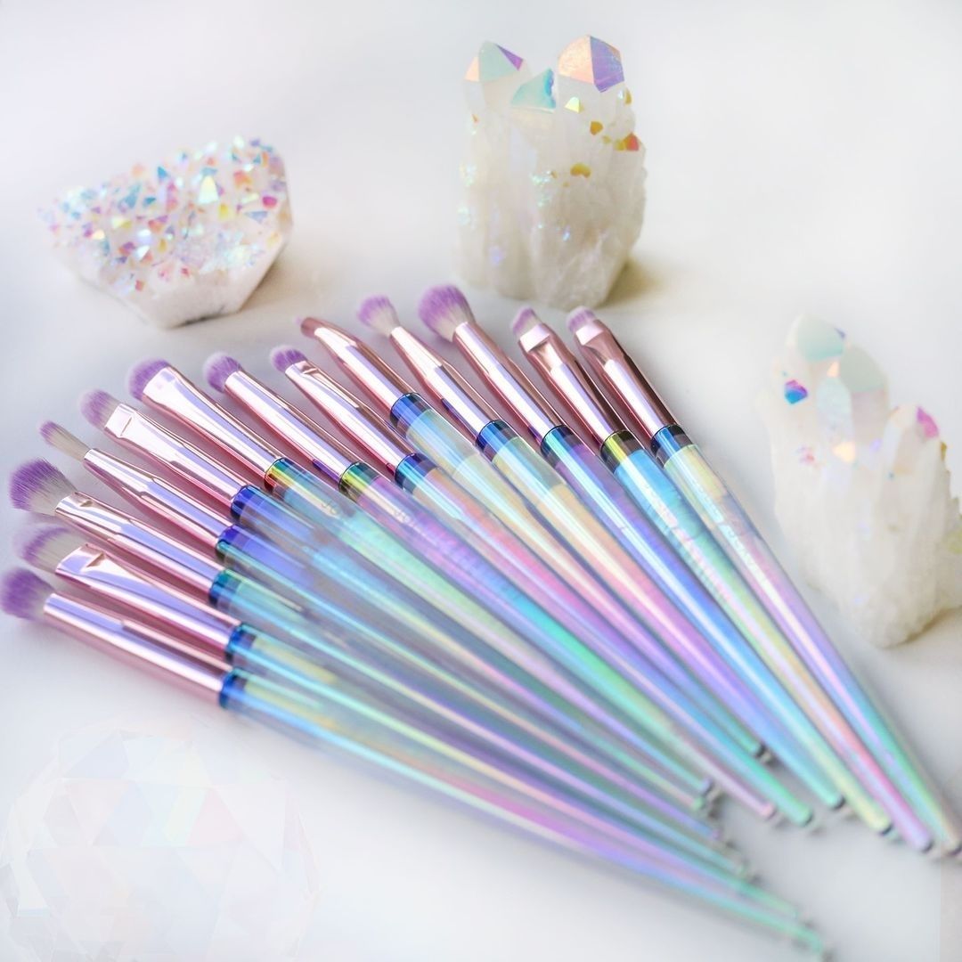 ETHEREAL 🌙⚡ Our 13 piece set has everything you need to create a beautiful eye look. Teeny tiny blending , packing, smudging and carving brushes. With handles inspired by moonstone. Who's in love with these? 💕😍 #makeupbrushes #brushes #moonstone #brushes #makeup