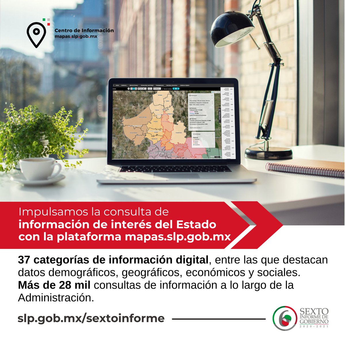 #ProsperamosJUNTXS | Hemos facilitado el acceso a información georreferenciada que mejore la toma de decisiones en distintos sectores de la población del Estado, a través del #SIG Centro de Información disponible en mapas.slp.gob.mx.

Consulta más: slp.gob.mx/sextoinforme