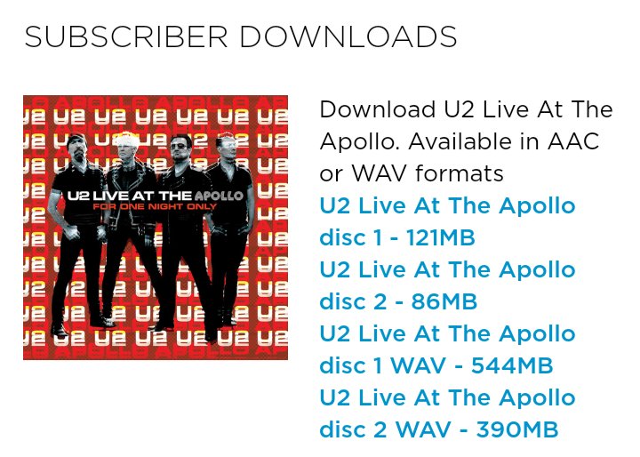 u2peru's tweet photo. Sólo para suscriptores vía pago de https://t.co/FD6MPLNpxf: Ya está disponible para descarga el show completo de U2 - LIVE AT THE APOLLO, en MP3 y WAV, según informa la web oficial.
https://t.co/qp8YwCsMQd
#U2 #U2Apollo #U2attheApollo #U2live #U2com #U2fans @U2 https://t.co/MqLB55VICk