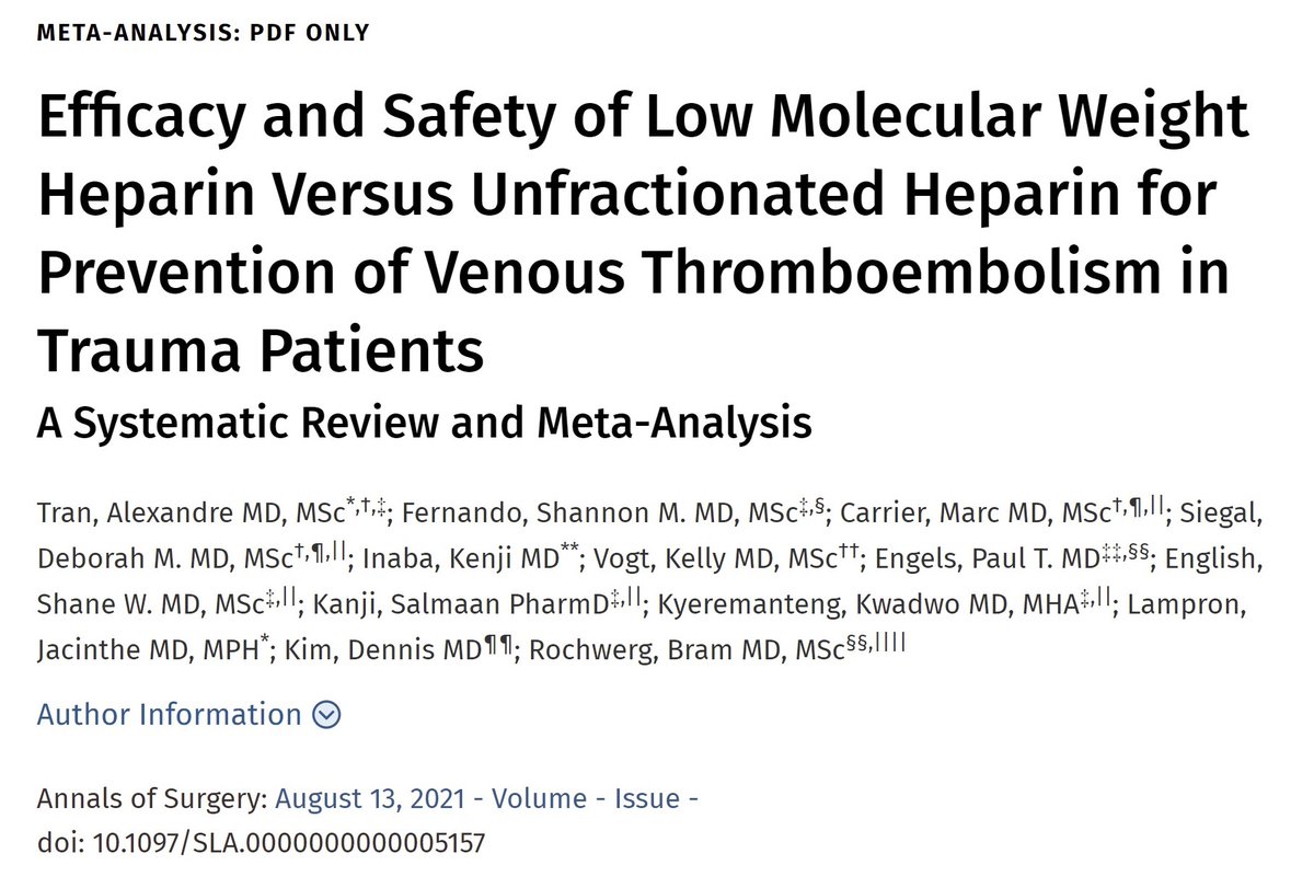 Our latest SR-MA, published in <a href="/AnnalsofSurgery/">Annals of Surgery</a>, suggests that among adult trauma patients, LMWH is superior to UFH for DVT and VTE prevention and may additionally reduce pulmonary embolism and mortality.