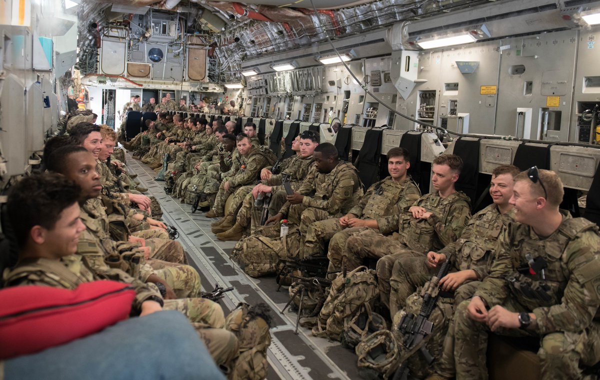 DeptofWar's tweet photo. .@USArmy soldiers assigned to the @82ndABNDiv fly in a C-17 Globemaster III en route to Kabul, Afghanistan. #HKIA https://t.co/BBNXYwbtkR