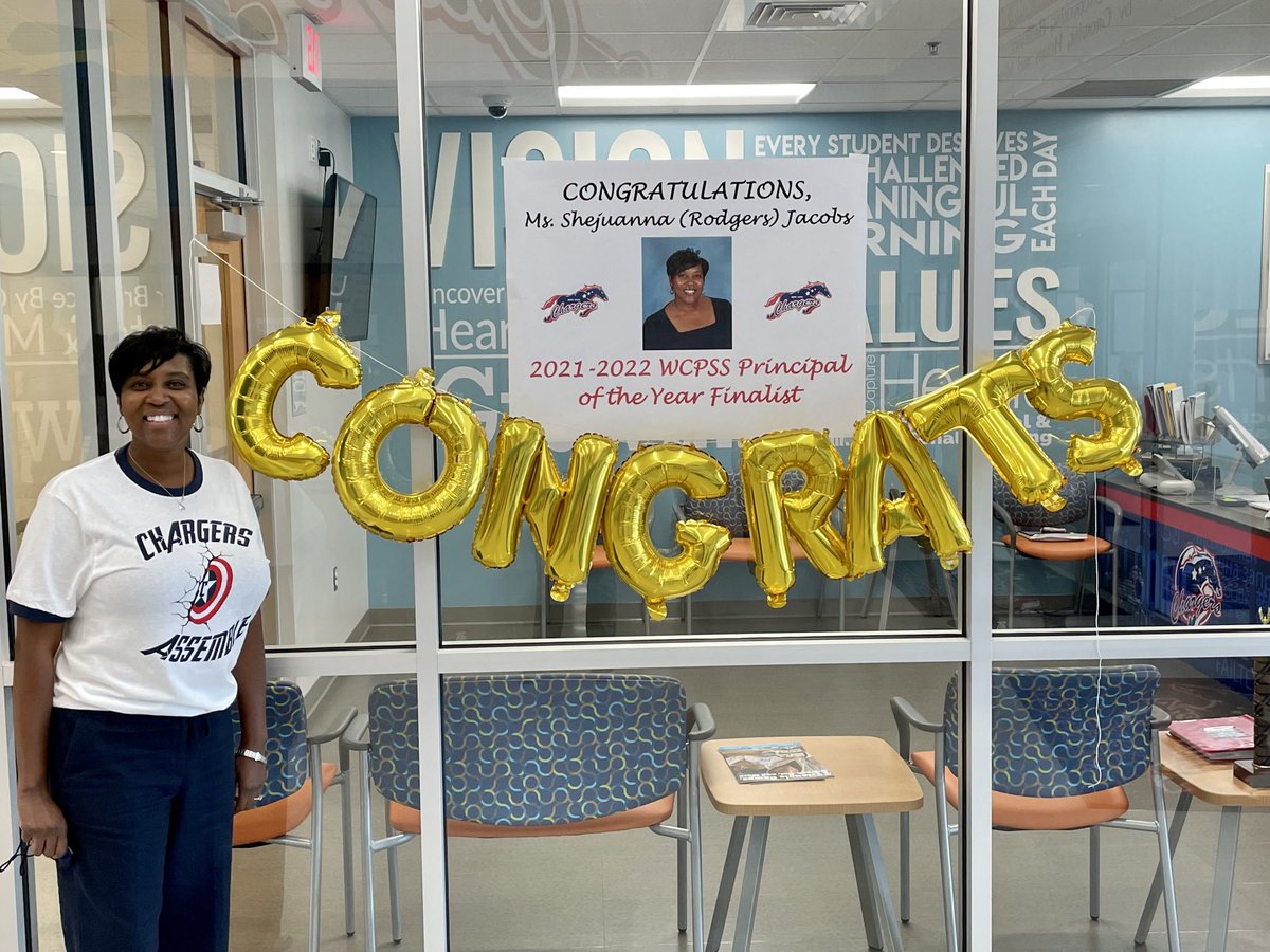 turleydw's tweet photo. Congratulations to ⁦@AFMSChargers⁩ principal Shejuanna (Rodgers) Jacobs for being named a ⁦@WCPSS⁩ Principal of the Year Finalist! We’re super excited for her and she is incredibly deserving! ⁦@WCPSSTeam⁩ #ChargedUp https://t.co/8UjuCmDgE6