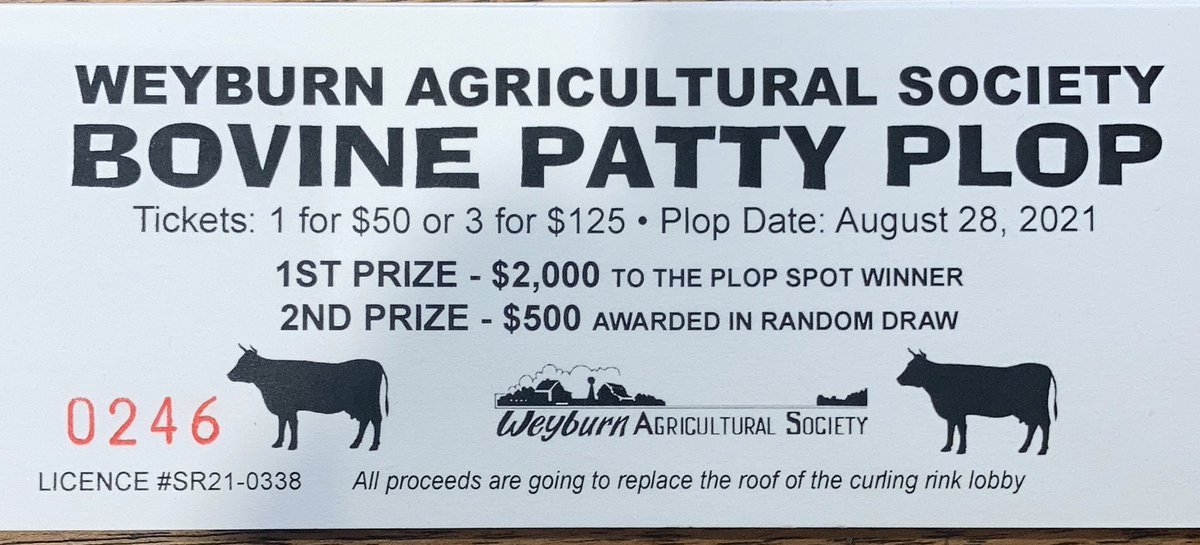 Ok twitterverse. The <a href="/WeyAgSociety/">Weyburn Ag Society</a> needs your help. We need to raise $50,000 to fix the roof on the lobby of the curling rink. The bovine patty plop is our first fundraiser to raise those funds. Please share this as much as possible. Message me if you want to purchase a ticket.