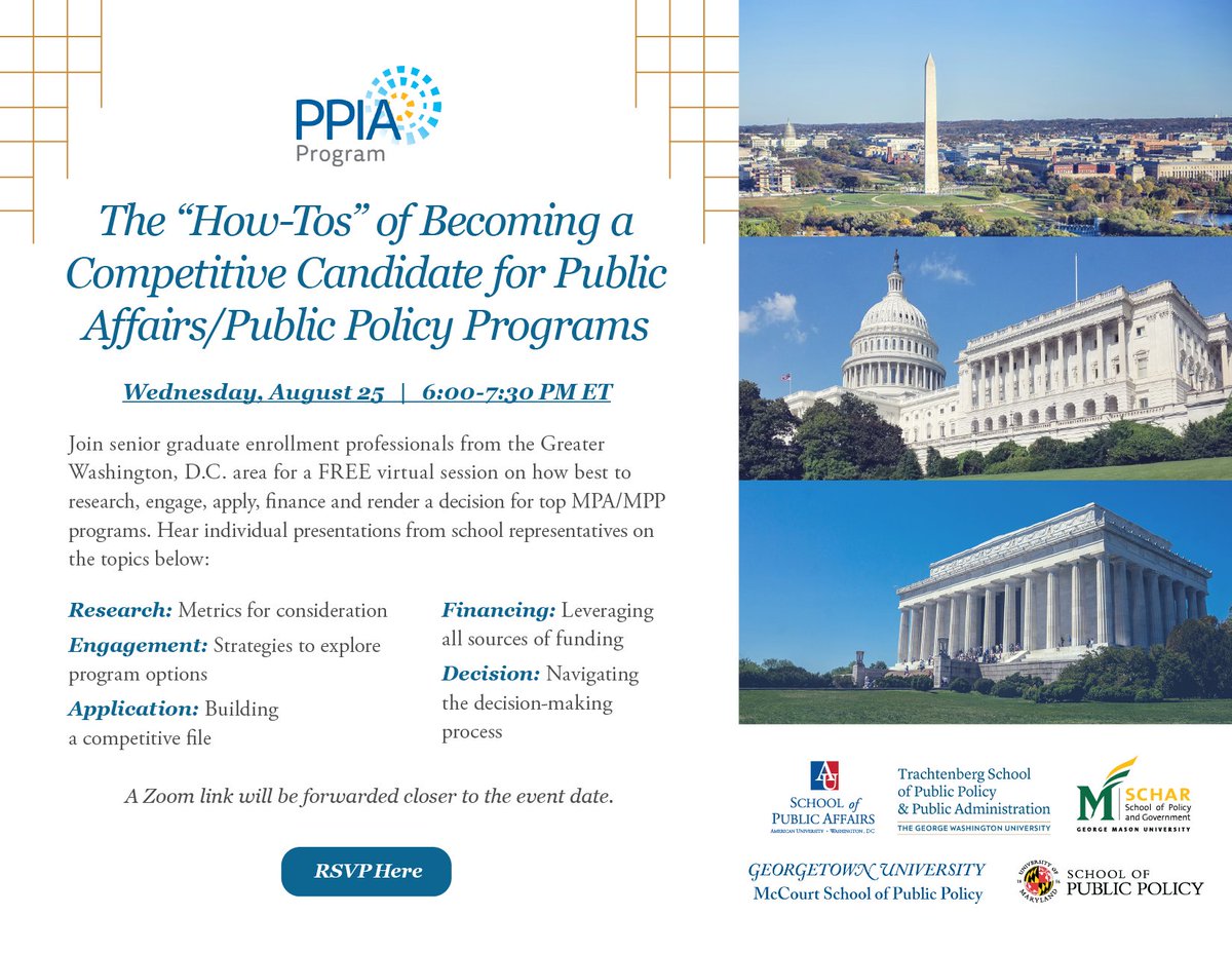 ppiaprogram's tweet photo. Applying to grad school this fall or planning for a future cycle? You can't miss next week's session with 5 PPIA Consortium Members - @AU_SPA @gwtrachtenberg @ScharSchool @UMDPublicPolicy @McCourtSchool!

Register here: https://t.co/THLGOoAQrt https://t.co/QwzgkiNWGA