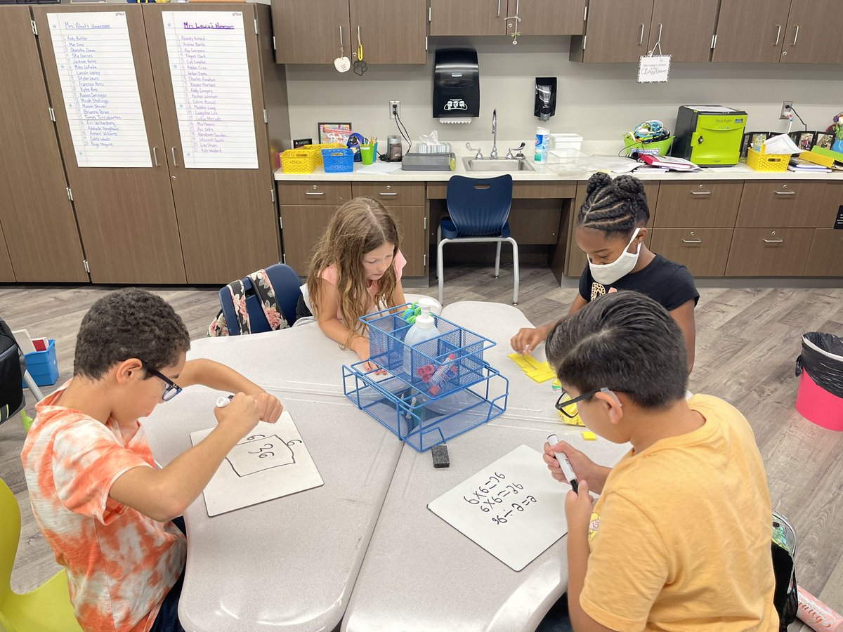 MrsPoteet's tweet photo. Roll it, build it, write it. Students are rolling dice to create a multiplication equation, building an array, drawing an area model, and writing all the fact families to go with that equation. @HumbleISD_GE #wearegroves https://t.co/I6650gpjdd