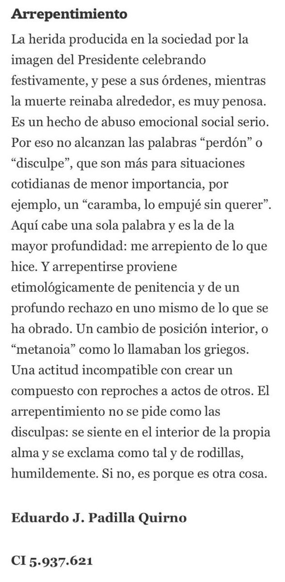 Arrepentimiento. Carta de Eduardo Padilla en La Nación de hoy.
