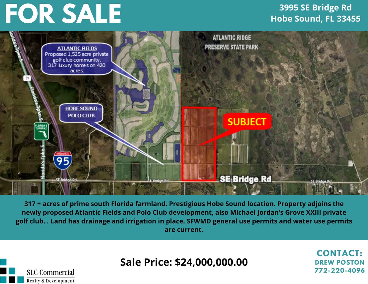 SLCCommercialre's tweet photo. FOR SALE: 317 + acres of prime south Florida farmland. Prestigious Hobe Sound location. Property Flyer: https://t.co/XkxzTJqZwr
Contact Drew Poston for more information. #forsale #land #commercialland #CRE #landforsale https://t.co/LZXBuJeRwG