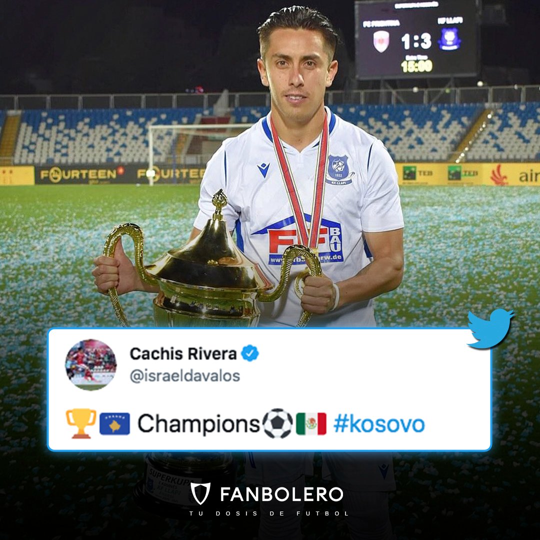 fanbolero's tweet photo. ¡SE COLMA DE GLORIA!
Tras vencer por marcador de 1-3 al Prishtina, el mexicano Francisco 'Cachis' Rivera fue campeón de la Supercopa de Kosovo con el FC Llapi 🤩🏆🇲🇽🇽🇰
#Cachis #Rivera #Mexico #FCLlapi #Kosovo #Supercopa https://t.co/ncWGaOcxUp