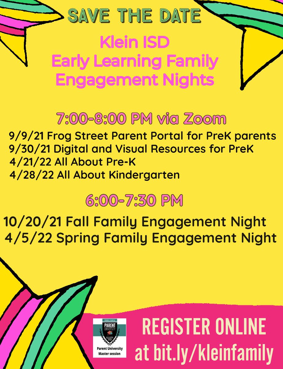 <a href="/KleinISD/">Klein ISD</a> families we are excited to offer some upcoming Pre-K &amp; Kindergarten family engagement events!  Please save the date! <a href="/KISD_Multling/">KISD Multilingual</a> <a href="/KISD_Special_Ed/">Klein ISD Special Ed</a> <a href="/KISD_Literacy/">KleinISD ELA</a> <a href="/mruiz1Klein/">🄴🄻🄴🄽🄰 🅁🅄🄸🅉</a> <a href="/SandySchiffer/">Sandy Schiffer</a> <a href="/HynesKisd/">Sara Hynes</a> #kleinprek 👇🌞