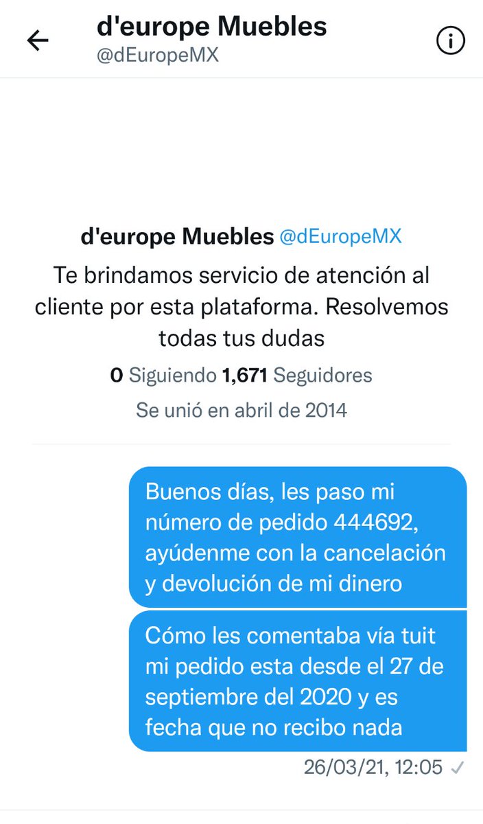 clstherrera's tweet photo. @dEuropeMX hasta cuándo me devolverán mi dinero? Llevo desde septiembre 2020 exigiendo mi mercancía primero y ahora la devolución de mi dinero @Profeco pueden ayudarme? https://t.co/eifFMss4CS