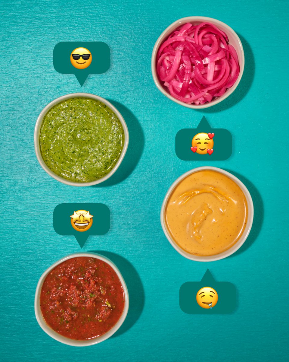 qdoba's tweet photo. Every day's a new flavor combo, but today we're feeling a little 🤤 🤩, a dash of 🥰 , and exxxxxtra 😎

What *new* flavor combo are you feeling today? Sound off 👇

Pssst, here's a key!
😎 - Jalapeno Verde Sauce
🥰 - Pickled Red Onions
🤩 - Roasted Tomato Salsa
🤤 - Chile Crema https://t.co/VbjCrkGjQF