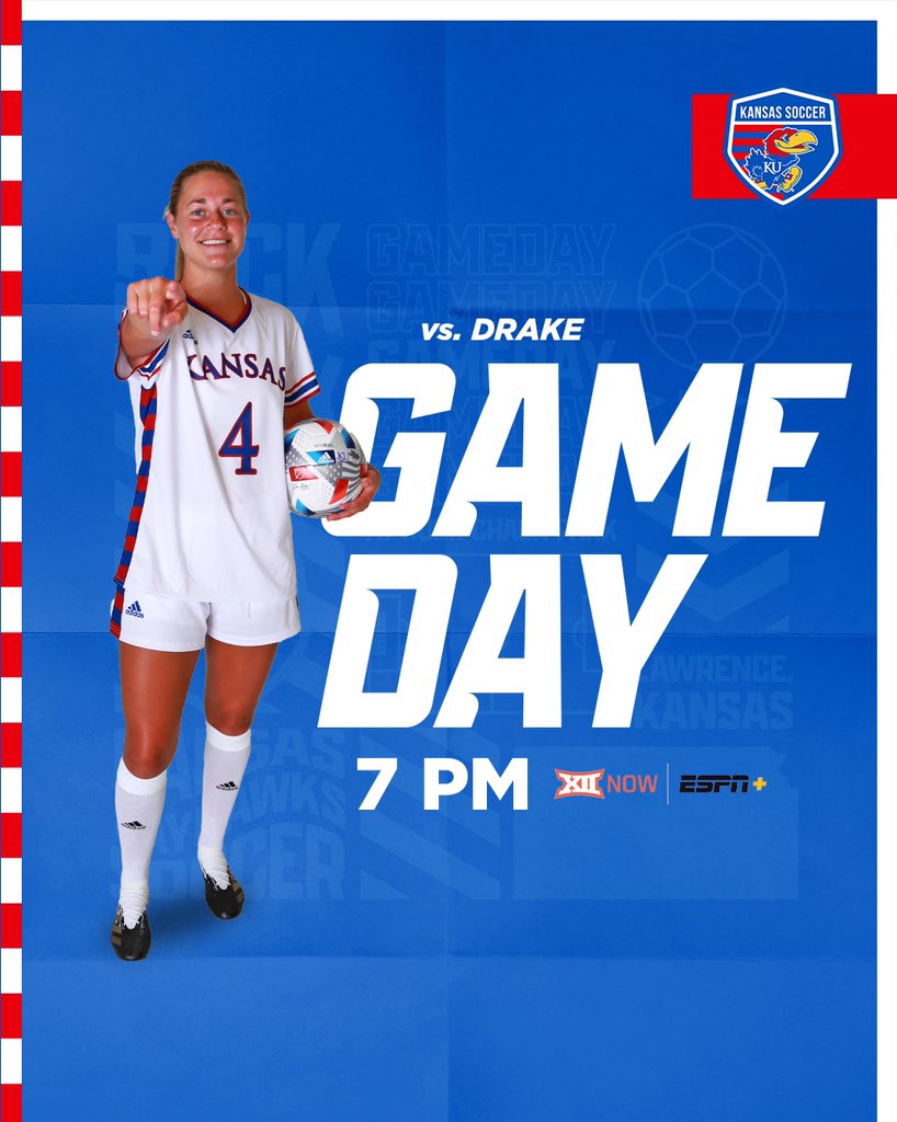 KUWSoccer's tweet photo. Home opener on deck 😎

👉 #KUsoccer vs Drake
📍 Rock Chalk Park
⏰ 7 pm
📺 Big 12 Now on ESPN+

Rock Chalk! https://t.co/rNRQgUXU2A