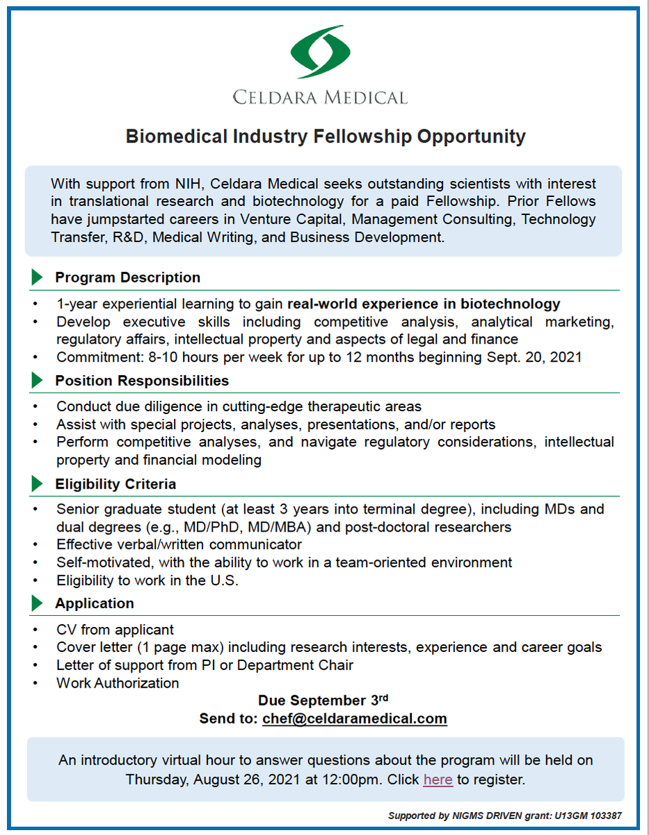 Are you interested in a paid biomedical fellowship? Check out this new opportunity at Celdara Medical. Applications are due Sept. 3!