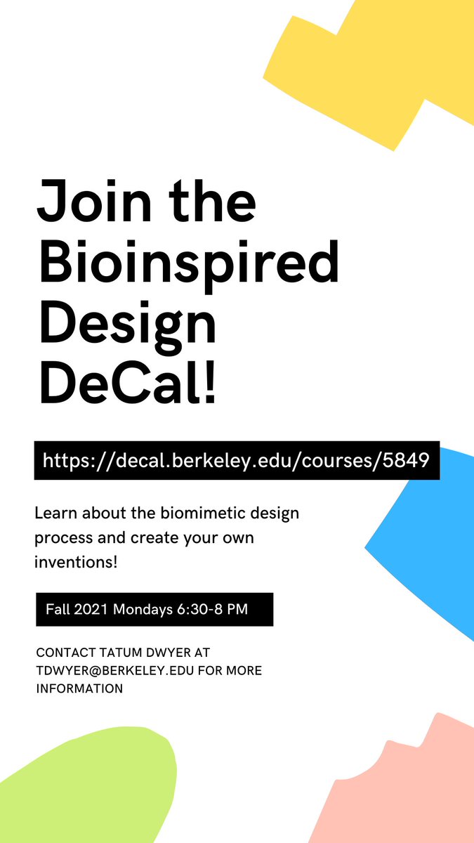 HHMIBioDesign's tweet image. Join the Fall 2021 Bioinspired Design DeCal! This student-led course is open to ALL MAJORS. decal.berkeley.edu/courses/5849