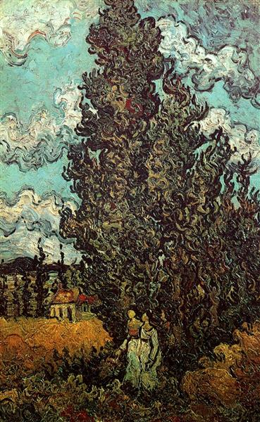 LI_arthistory's tweet photo. Liberty and Faye leaving the main villa to have a chat / Cypresses and Two Women - Vincent van Gogh (1890) #LoveIsland https://t.co/rKDIbE2JCR