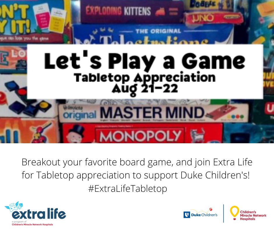 This weekend, August 21-22, Duke Children’s #ExtraLife is celebrating tabletop games everywhere! Thanks to our friends at <a href="/MeeplesBrew/">Meeple's Brew</a> for donating 10% of all profits from the weekend to help the kids at Duke. To join the #ExtraLife movement, visit extra-life.org.