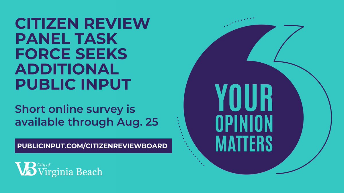 CityofVaBeach's tweet photo. The Citizen Review Panel Task Force wants your feedback. Complete this survey to help the task force in making decisions about police accountability and oversight: https://t.co/RGH4ssjOr1 https://t.co/53388M9PxT
