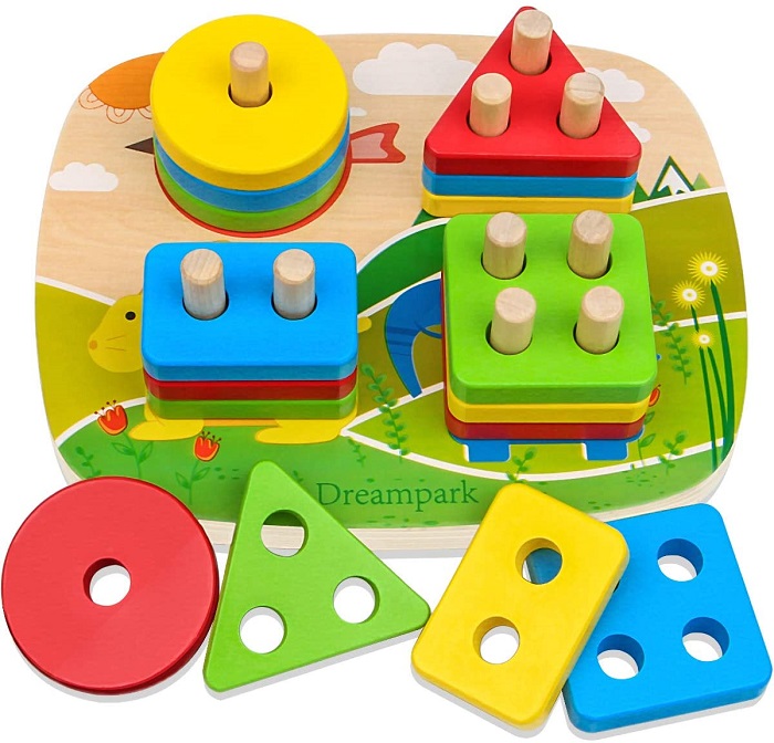 BettRoom Wooden Educational Preschool Toddler Toys for 1 2 3 4-5 Year Old Boys Girls Shape Color Recognition Geometric Board Blocks Stack Sort Kids Children Non-Toxic Toy 14IN 