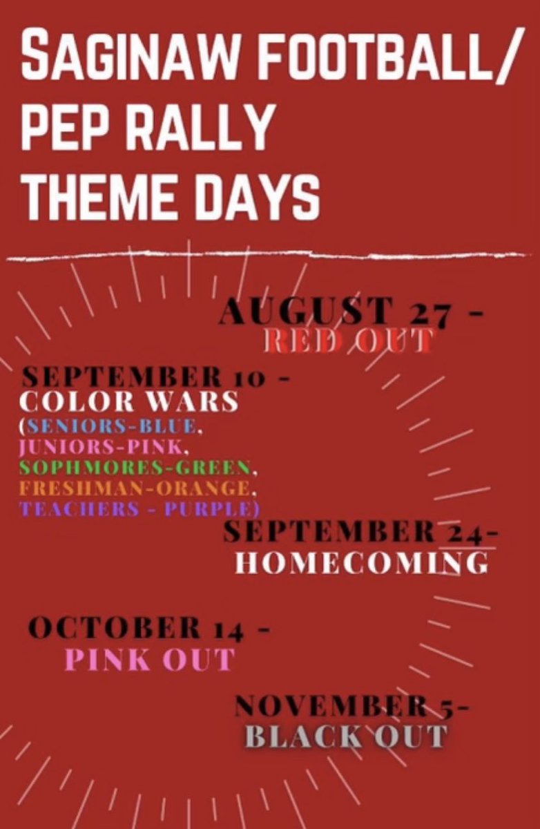 Saginaw HS StuCo (@stucosaginawhs) on Twitter photo Hey Riders it’s time to show your school spirit! Here’s our spirit days for football season. Show your rider pride and go all out! 🏈🏈 <a href="/saginawhstx/">Saginaw High School</a> <a href="/SaginawFootball/">Saginaw Football</a> <a href="/SStarsteppers/">Saginaw Starsteppers</a> <a href="/SpiritofSaginaw/">SpiritofSaginawBand</a> <a href="/SHSCounselorsTX/">SHS Counselors</a> <a href="/SaginawHS_Cheer/">Saginaw High Cheer</a> Hey Riders it’s time to show your school spirit! Here’s our spirit days for football season. Show your rider pride and go all out! 🏈🏈 <a href="/saginawhstx/">Saginaw High School</a> <a href="/SaginawFootball/">Saginaw Football</a> <a href="/SStarsteppers/">Saginaw Starsteppers</a> <a href="/SpiritofSaginaw/">SpiritofSaginawBand</a> <a href="/SHSCounselorsTX/">SHS Counselors</a> <a href="/SaginawHS_Cheer/">Saginaw High Cheer</a>