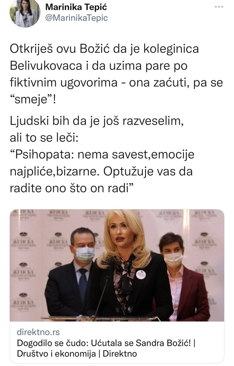 I kako čovek da vam se ne smeje?Priznala u napadu nervoze gđa Morović Kajen: i da se potpisuje kao direktno.rs, i da piše o sebi u množini, i da je "hrabra", ma sve.
Plus ima želju da me dodatno razveseli, ali to se leči.
Izleči tu želju, reši to, pa piši.
Tu sam ja.