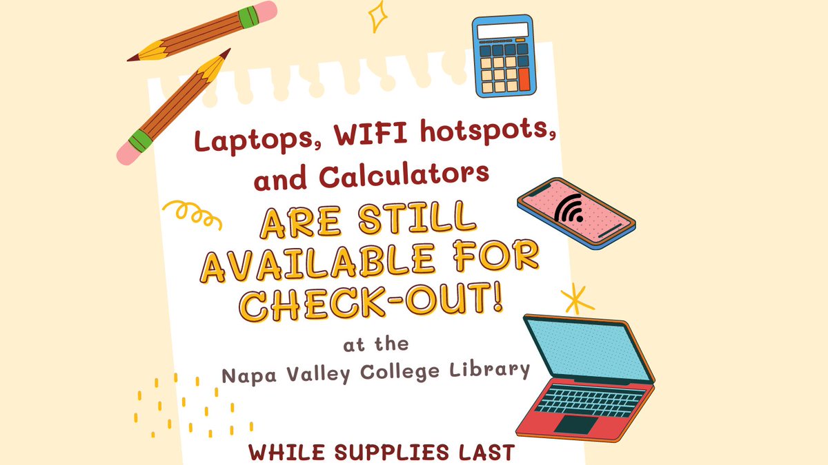 McCarthyLibrary's tweet image. NVC Students, don’t forget to first fill out your online loan agreement form and show proof of Fall enrollment before borrowing your device! bit.ly/nvclibraryloans 

#wearenvc #startheregoanywhere #napavalleycollege #napavalley #californiacommunitycollege #communitycollege