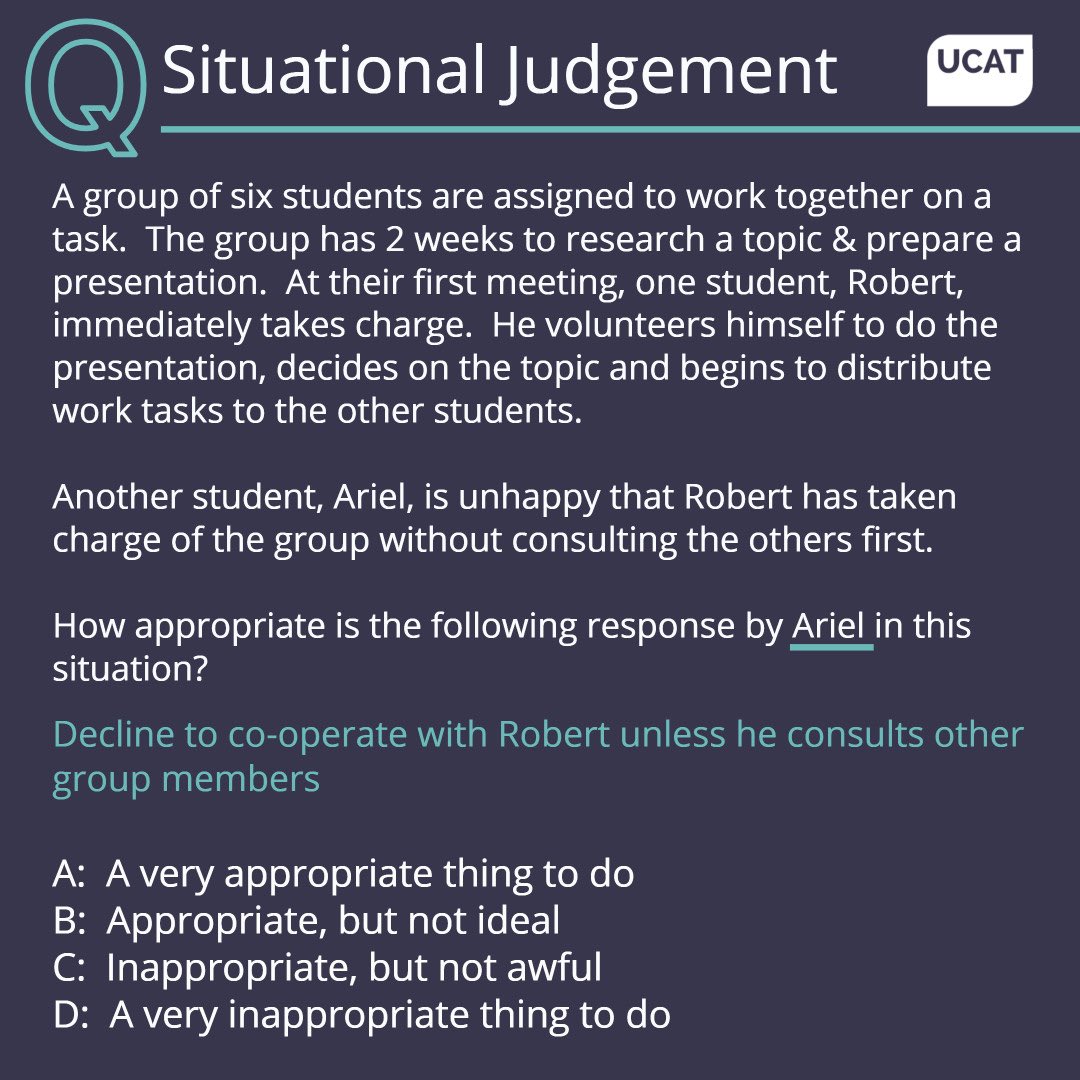docib's tweet photo. Our next @UCATofficial question. 

Personally I think Ariel is pretty brave to stand up to Robert. All too often medics stand by and let bad behaviour happen. Ariel isn’t doing this and fair play to them. I’d answer A. (Robert is just the sort of person you’d dread working with). https://t.co/cqiKZi9PO8