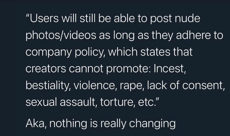 Xx1Xsc's tweet photo. @jack_baileyxxx Apparently they’re not banning adult content as long as it adheres to their ‘terms and conditions’. Either way, the way it’s been framed is terrible PR https://t.co/jUbsEoGlgu
